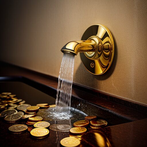 A dripping faucet turning into a flowing stream of gold coins