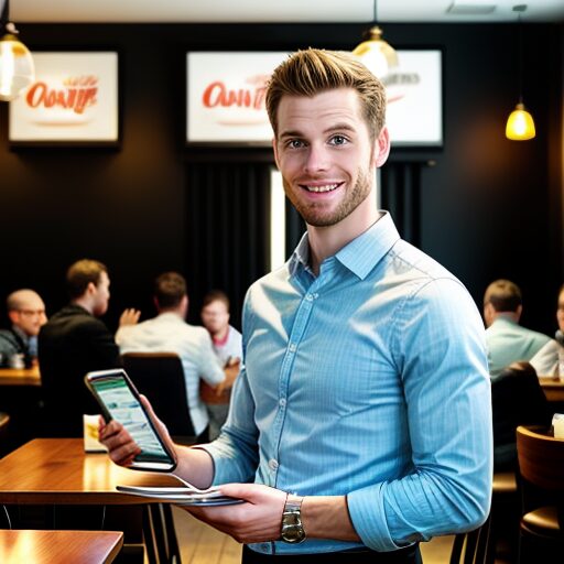 A bustling restaurant with a "200% Increase" sign, a waiter handing a customer a menu, and a smartphone with a Google Ads icon in the background.